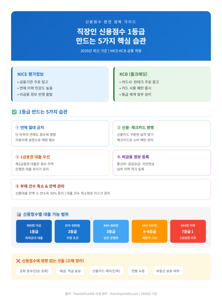 직장인 신용점수 1등급 만드는 5가지 핵심 습관 인포그래픽 - 연체금지, 신용카드 병행, 1금융권 우선, 비금융정보 등록, 부채관리