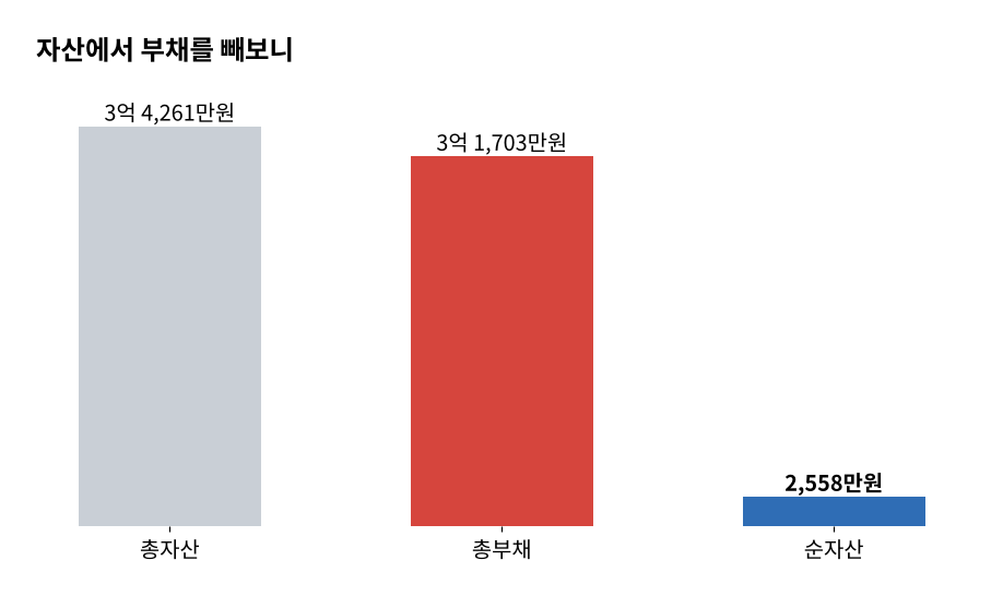 총자산 3억 4,261만원, 총부채 3억 1,703만원, 순자산 2,558만원 막대그래프